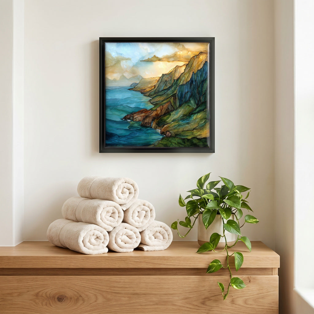 Above the linens, in a slim black surround.