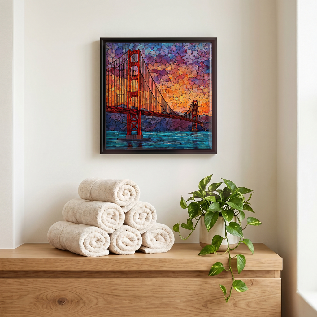 Above the linens, in a slim black surround.