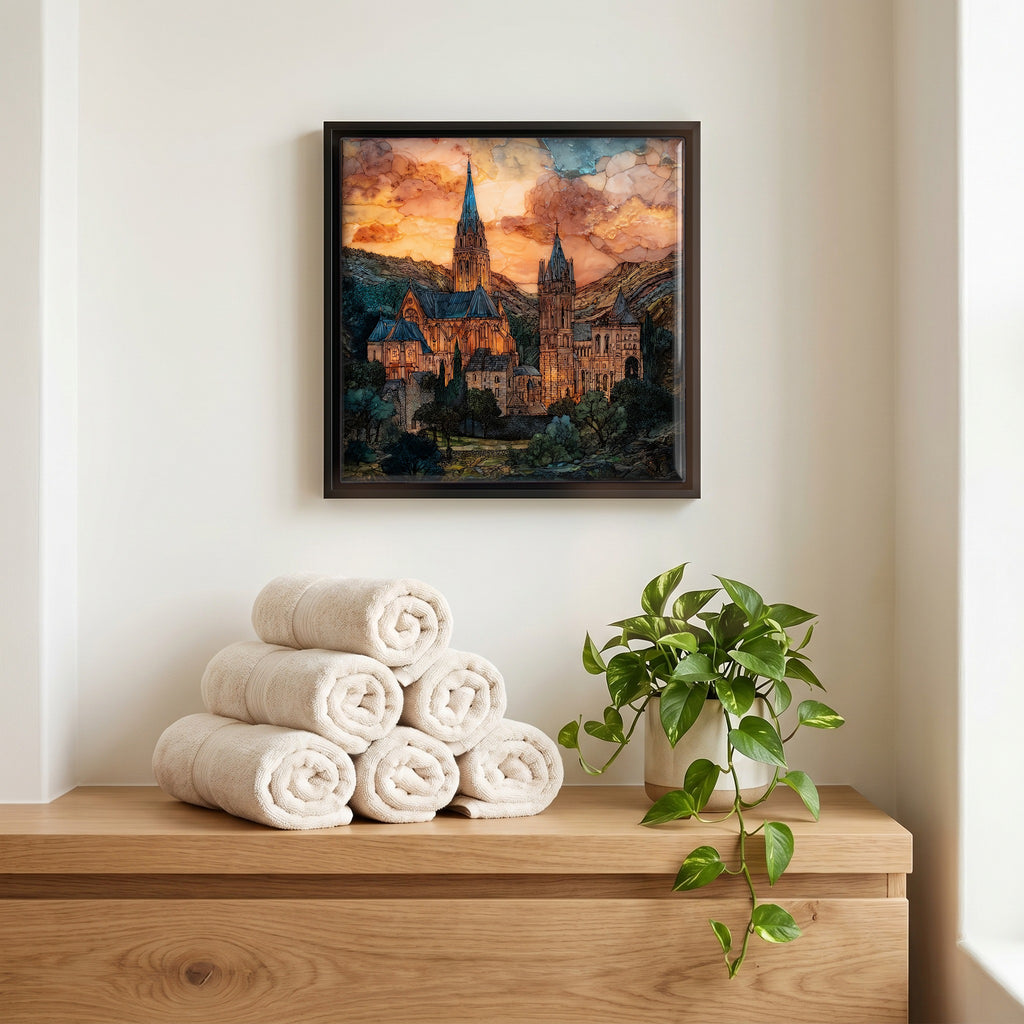 Above the linens, in a slim black surround.