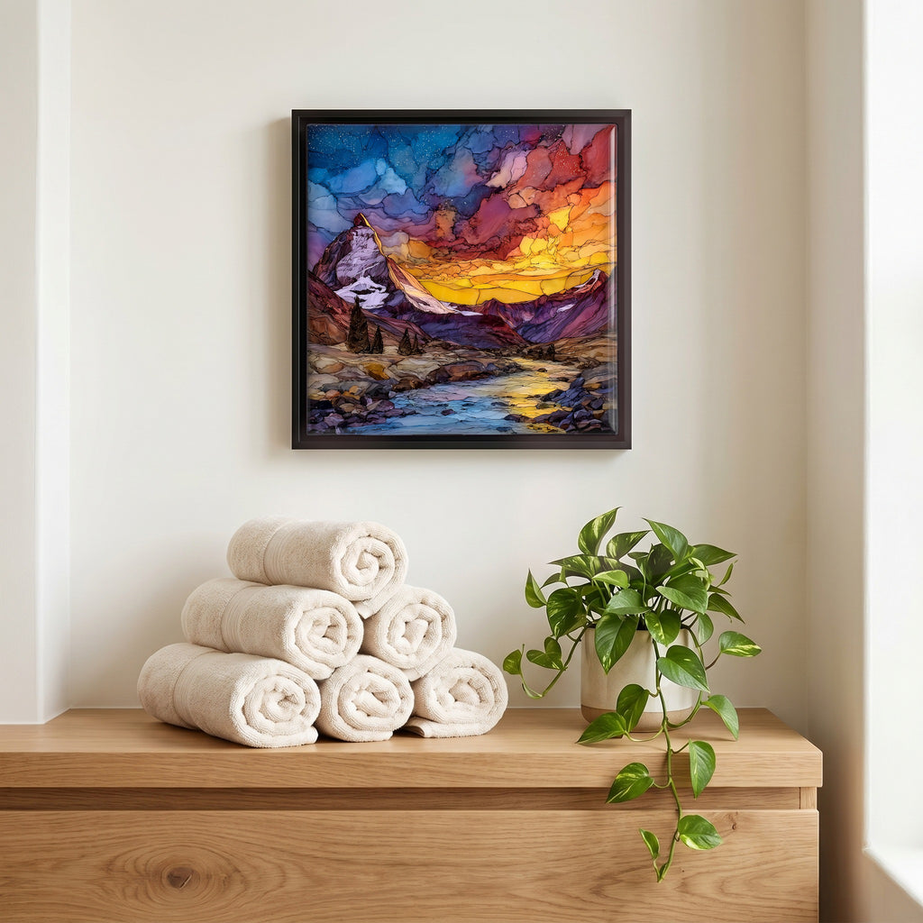 Above the linens, in a slim black surround.