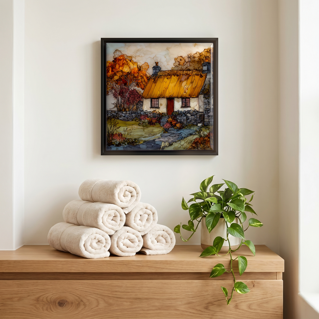 Above the linens, in a slim black surround.