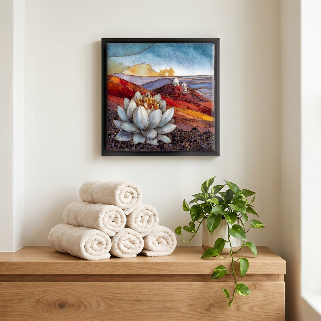 Above the linens, in a slim black surround.