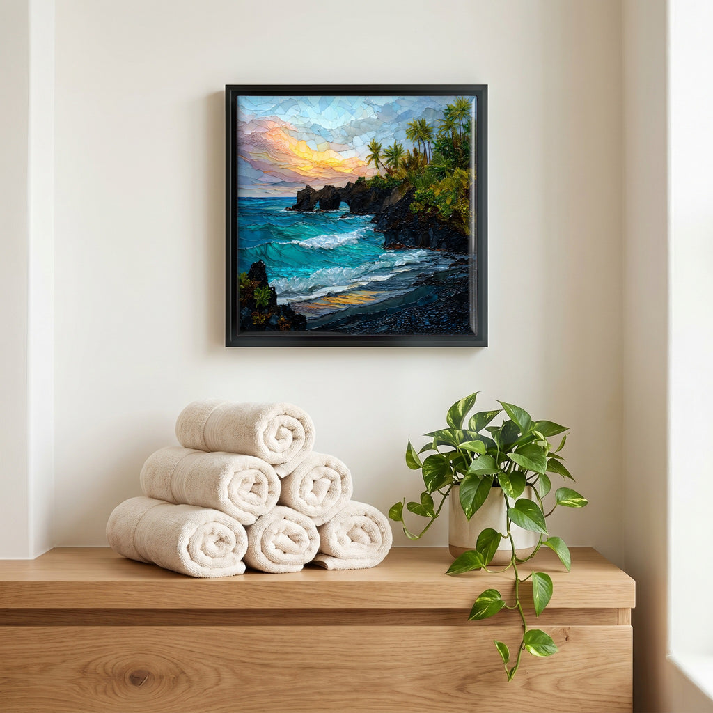 Above the linens, in a slim black surround.