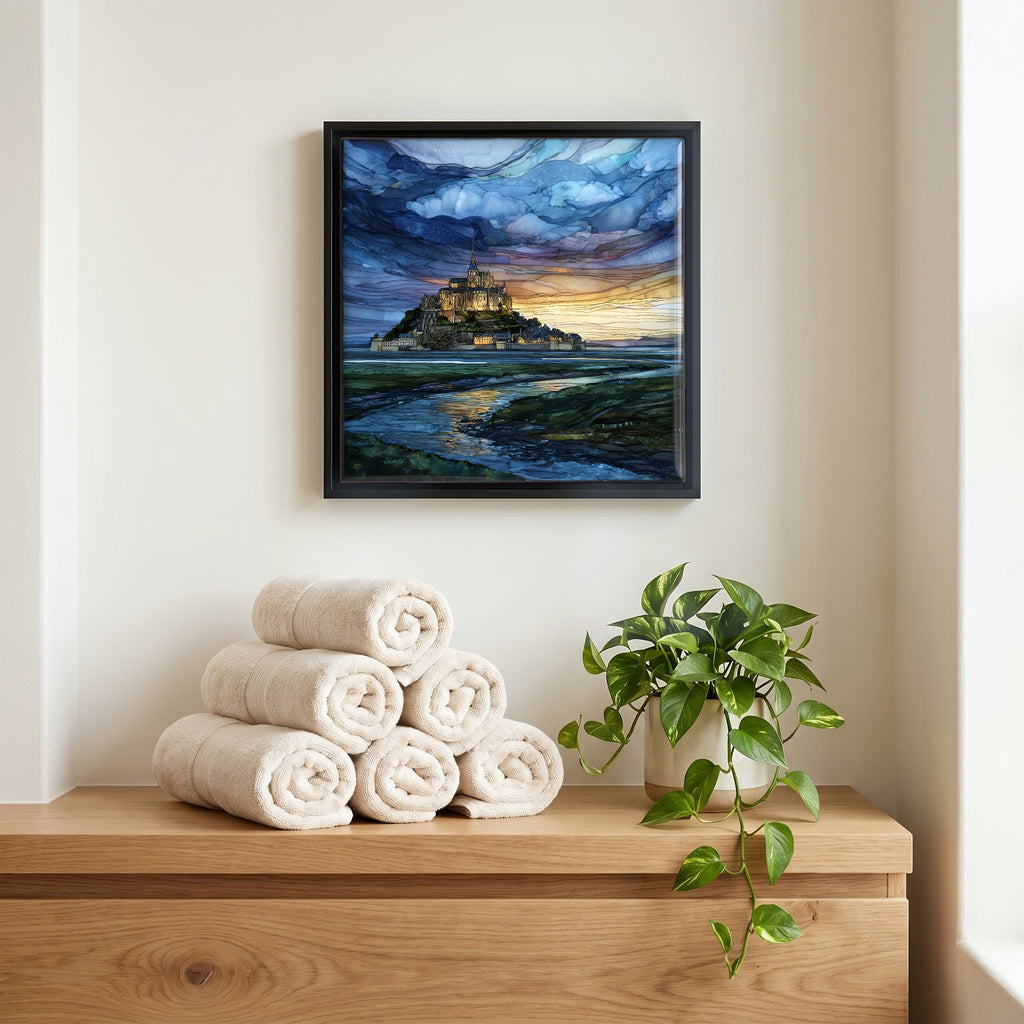 Above the linens, in a slim black surround.