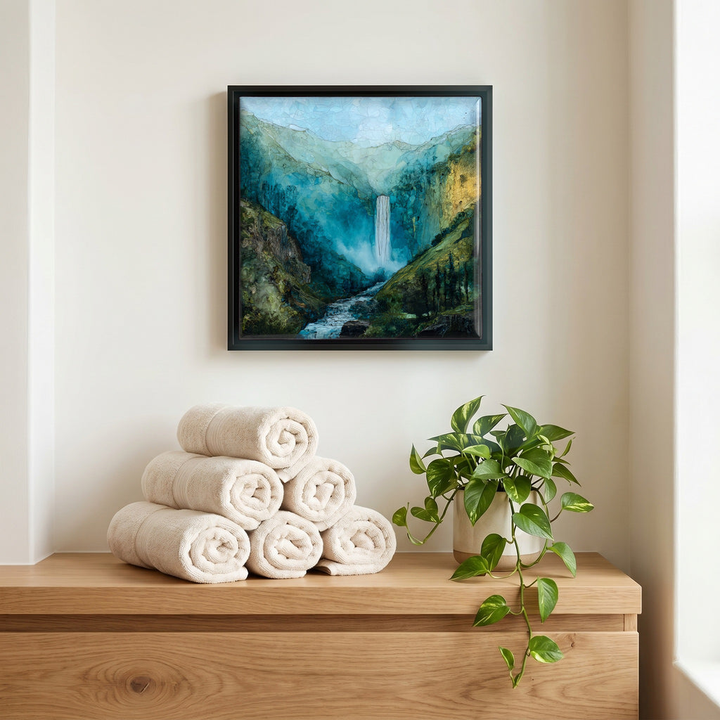 Above the linens, in a slim black surround.