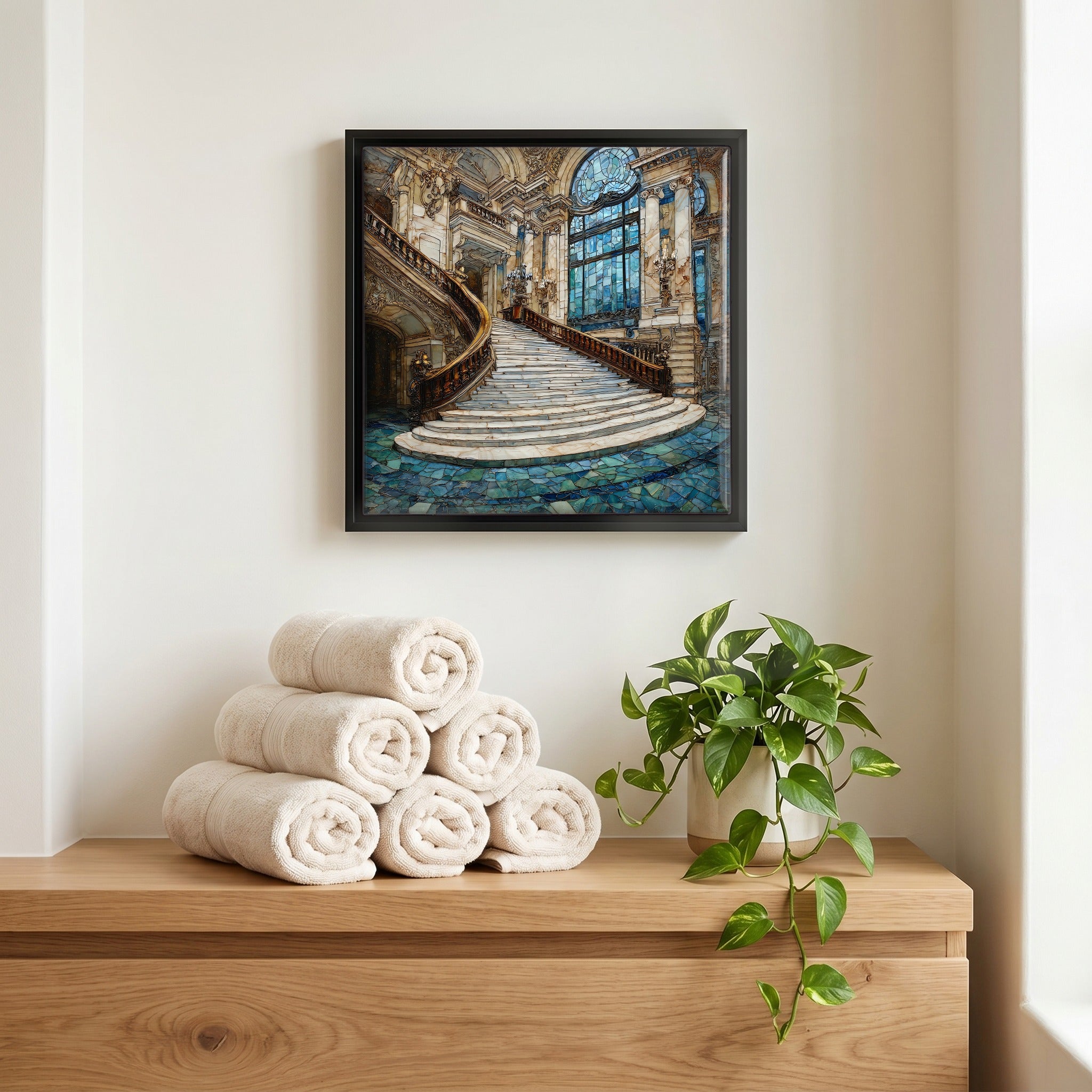 Above the linens, in a slim black surround.
