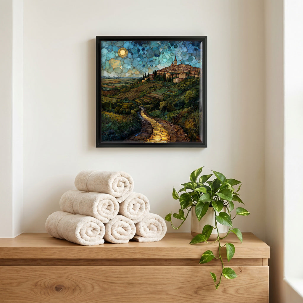 Above the linens, in a slim black surround.
