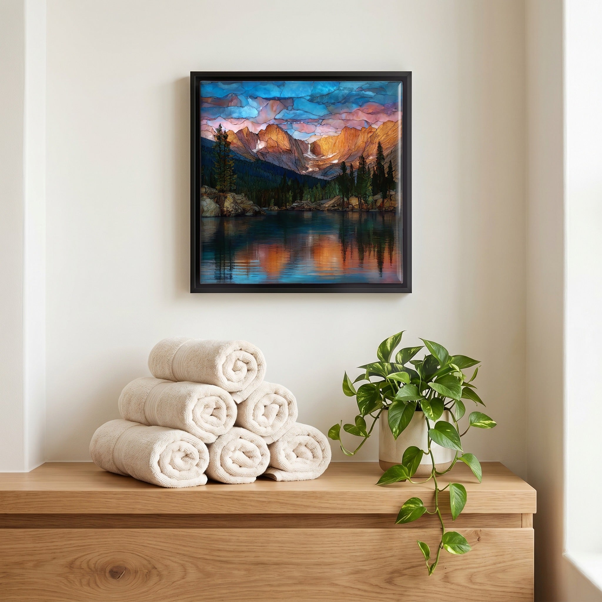 Above the linens, in a slim black surround.