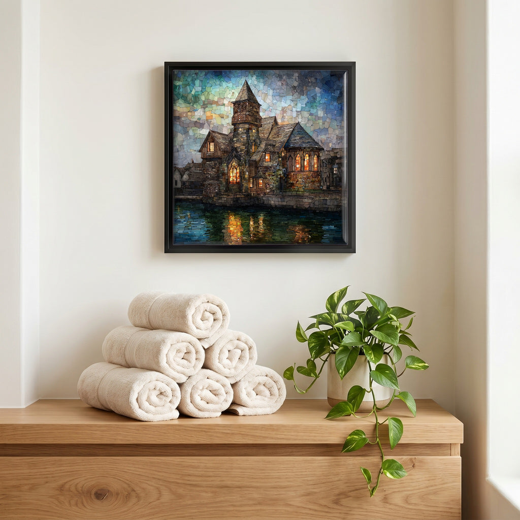 Above the linens, in a slim black surround.