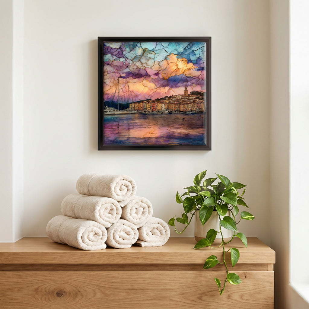 Above the linens, in a slim black surround.
