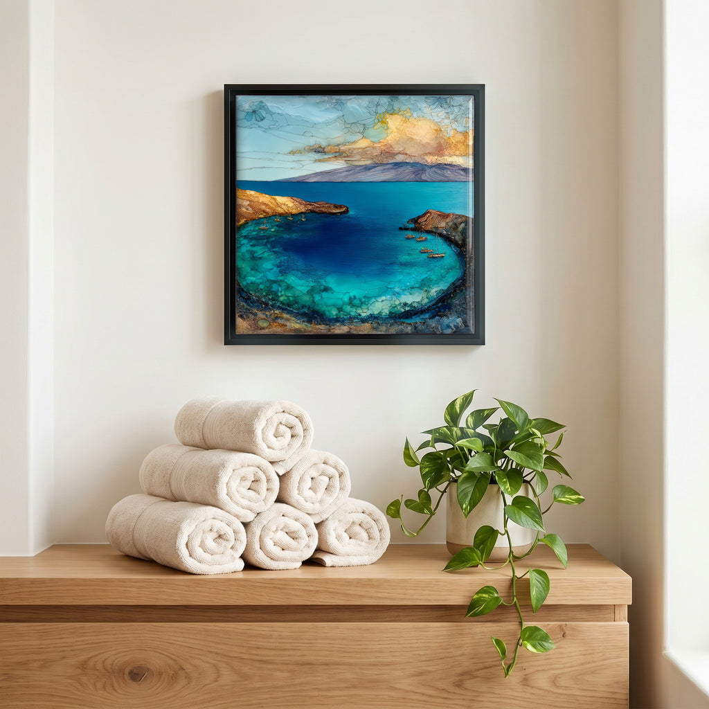 Above the linens, in a slim black surround.