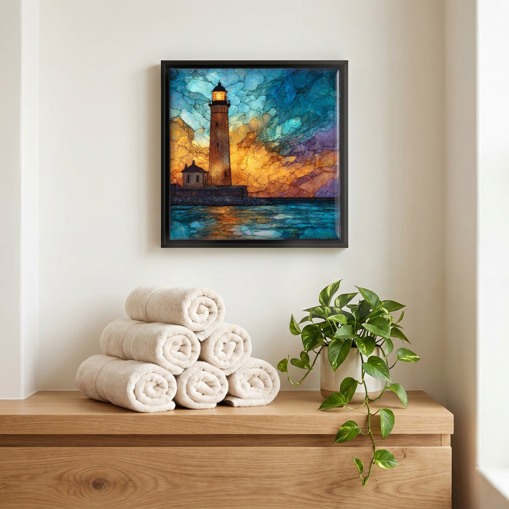 Above the linens, in a slim black surround.