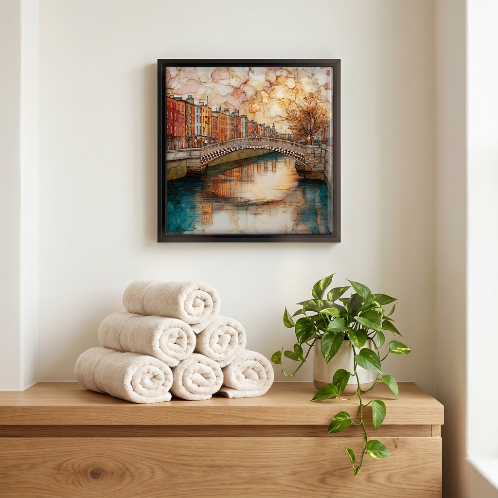Above the linens, in a slim black surround.
