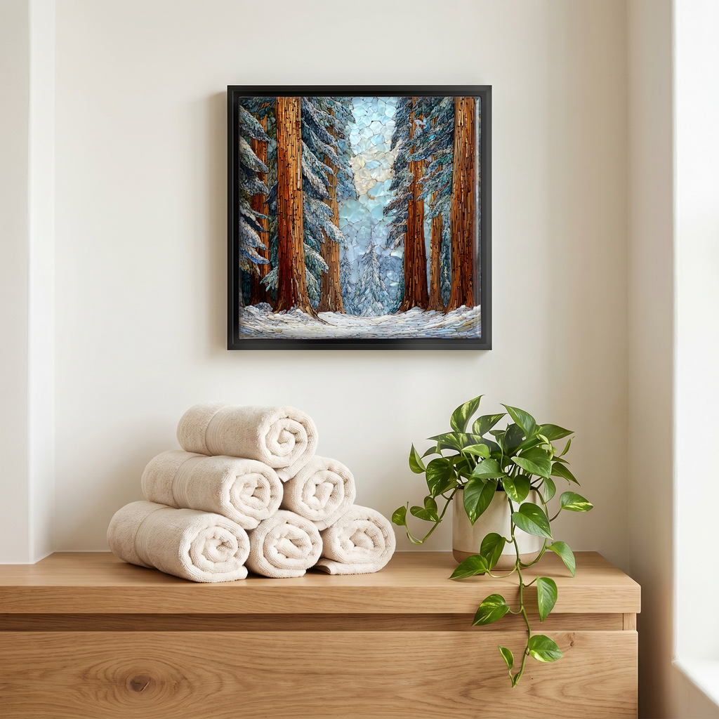 Above the linens, in a slim black surround.