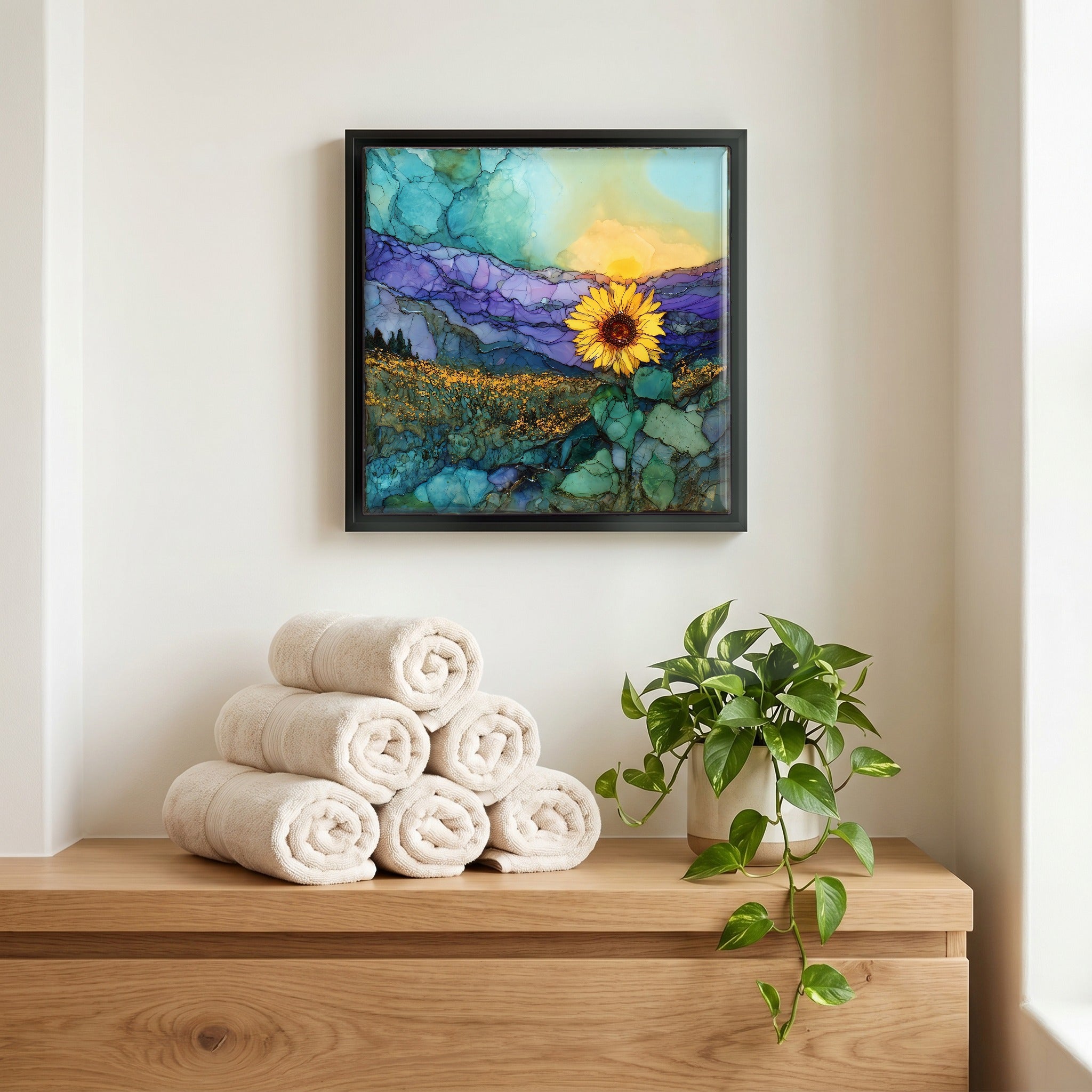 Above the linens, in a slim black surround.