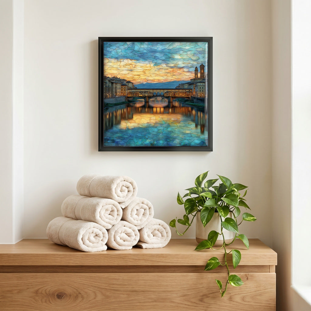 Above the linens, in a slim black surround.