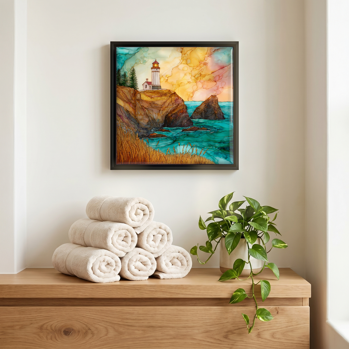 Above the linens, in a slim black surround.