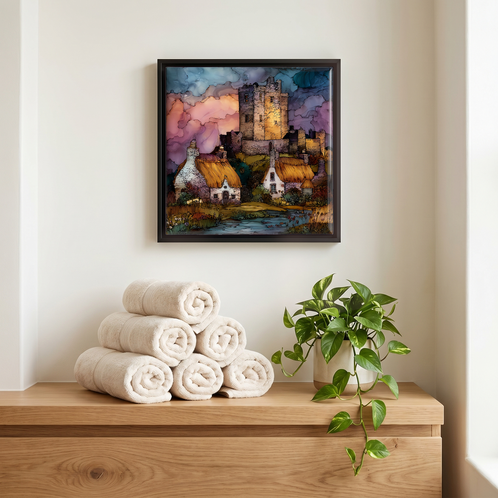 Above the linens, in a slim black surround.