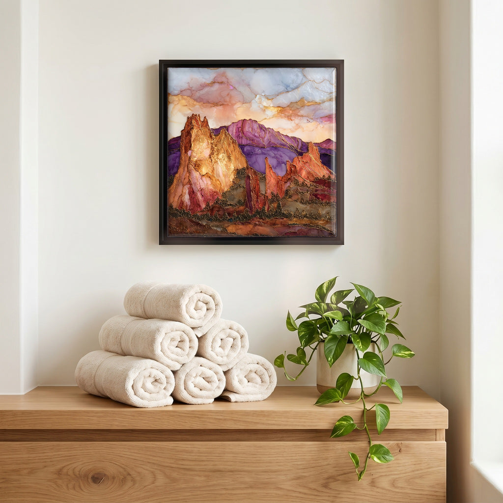 Above the linens, in a slim black surround.