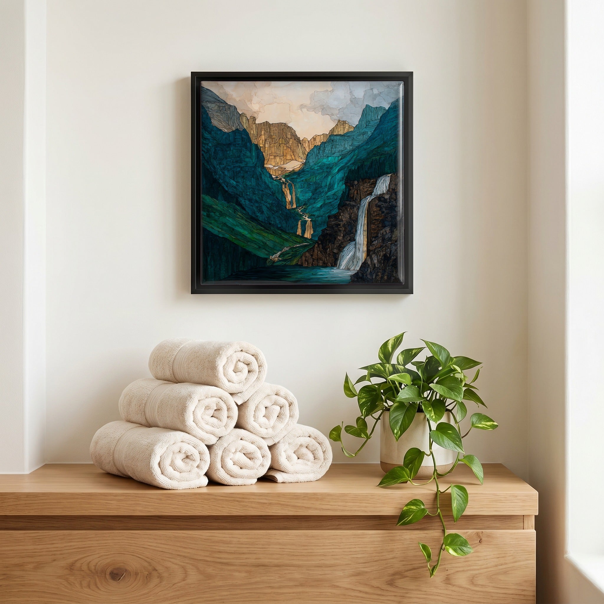 Above the linens, in a slim black surround.