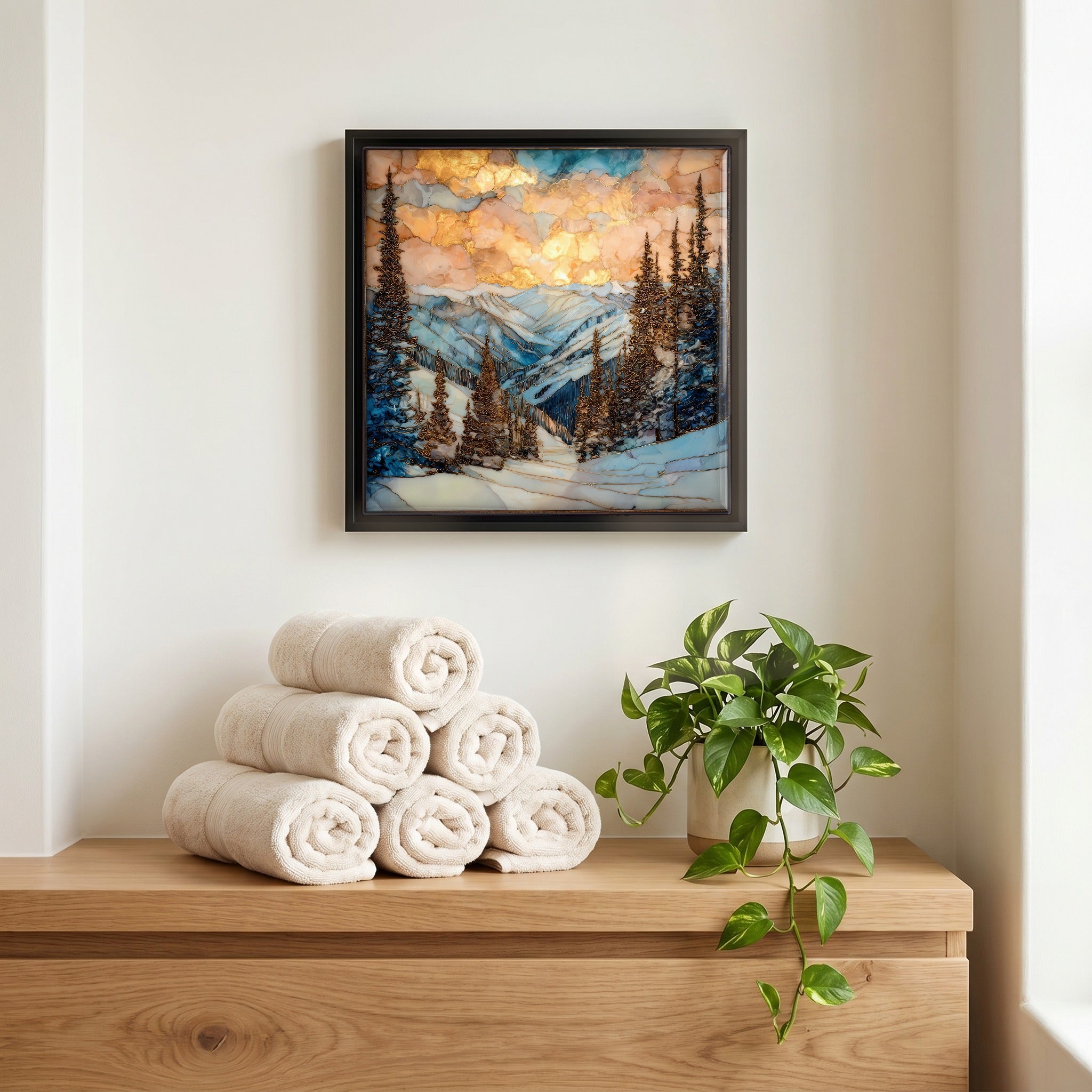 Above the linens, in a slim black surround.