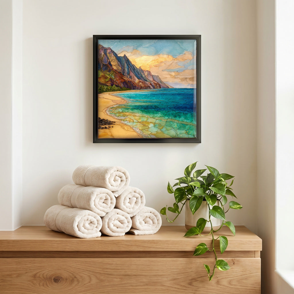 Above the linens, in a slim black surround.