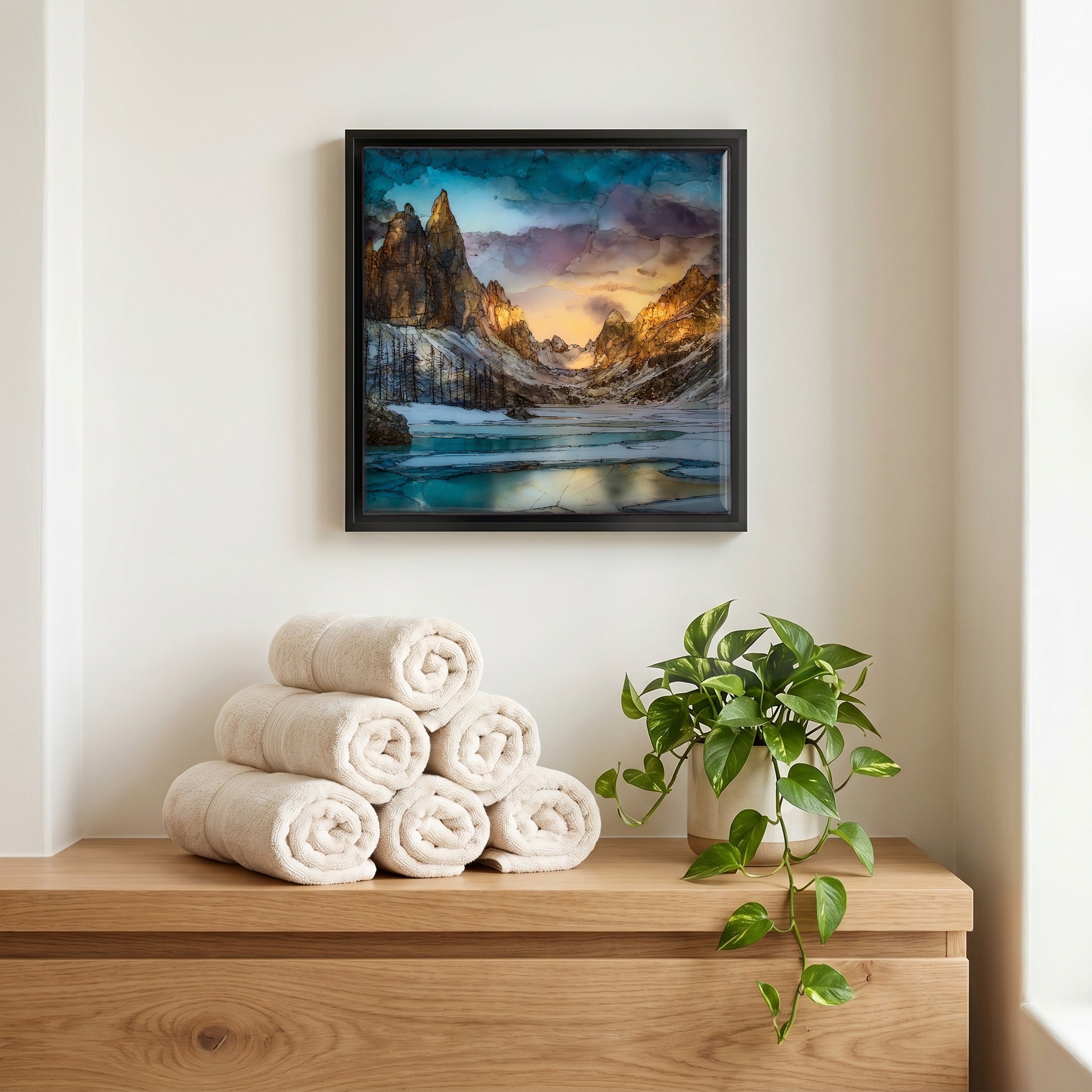 Above the linens, in a slim black surround.