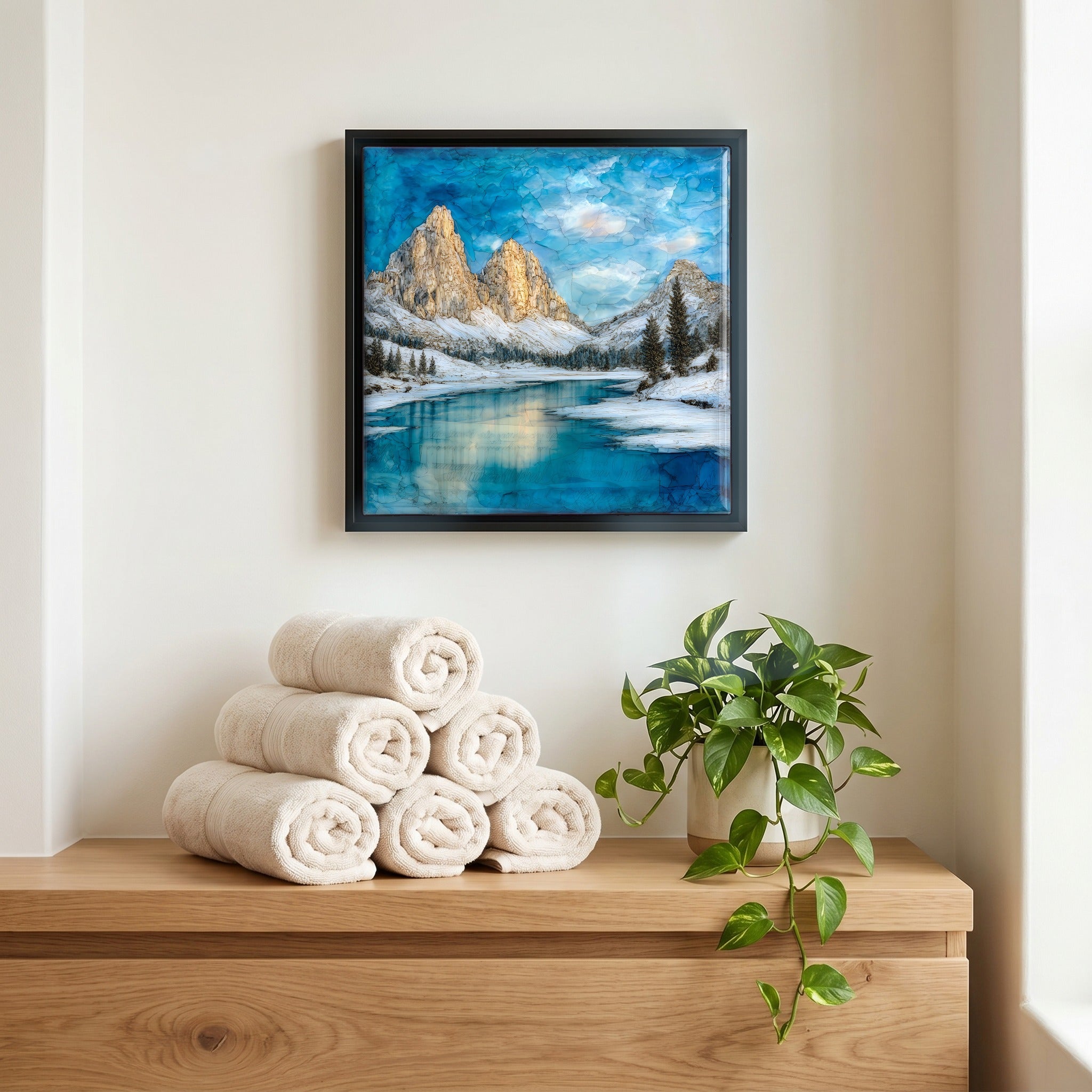 Above the linens, in a slim black surround.