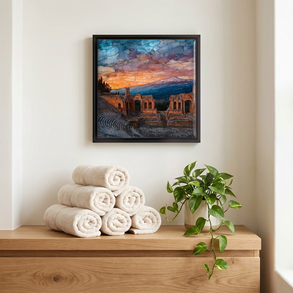 Above the linens, in a slim black surround.