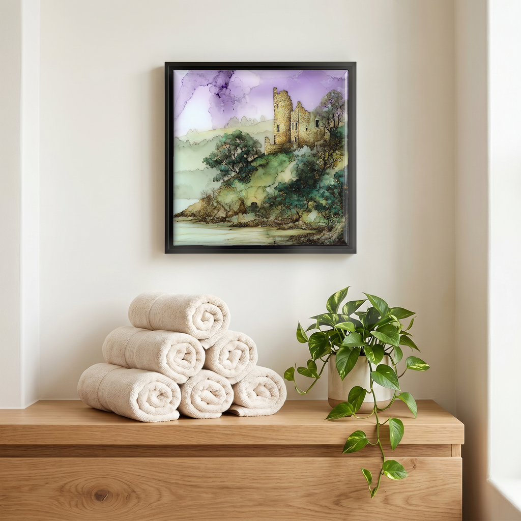 Above the linens, in a slim black surround.