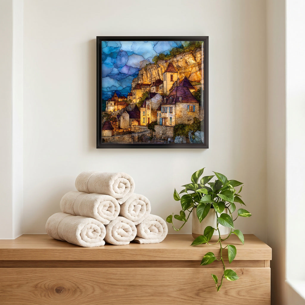 Above the linens, in a slim black surround.