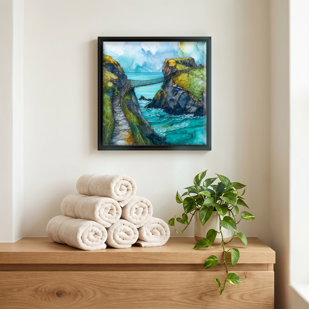 Above the linens, in a slim black surround.