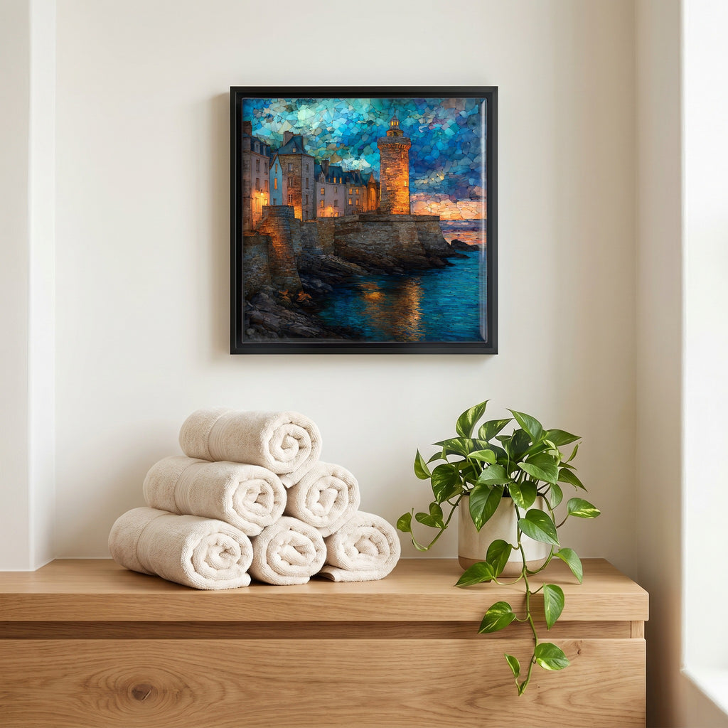 Above the linens, in a slim black surround.