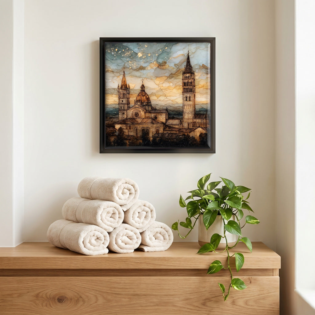 Above the linens, in a slim black surround.