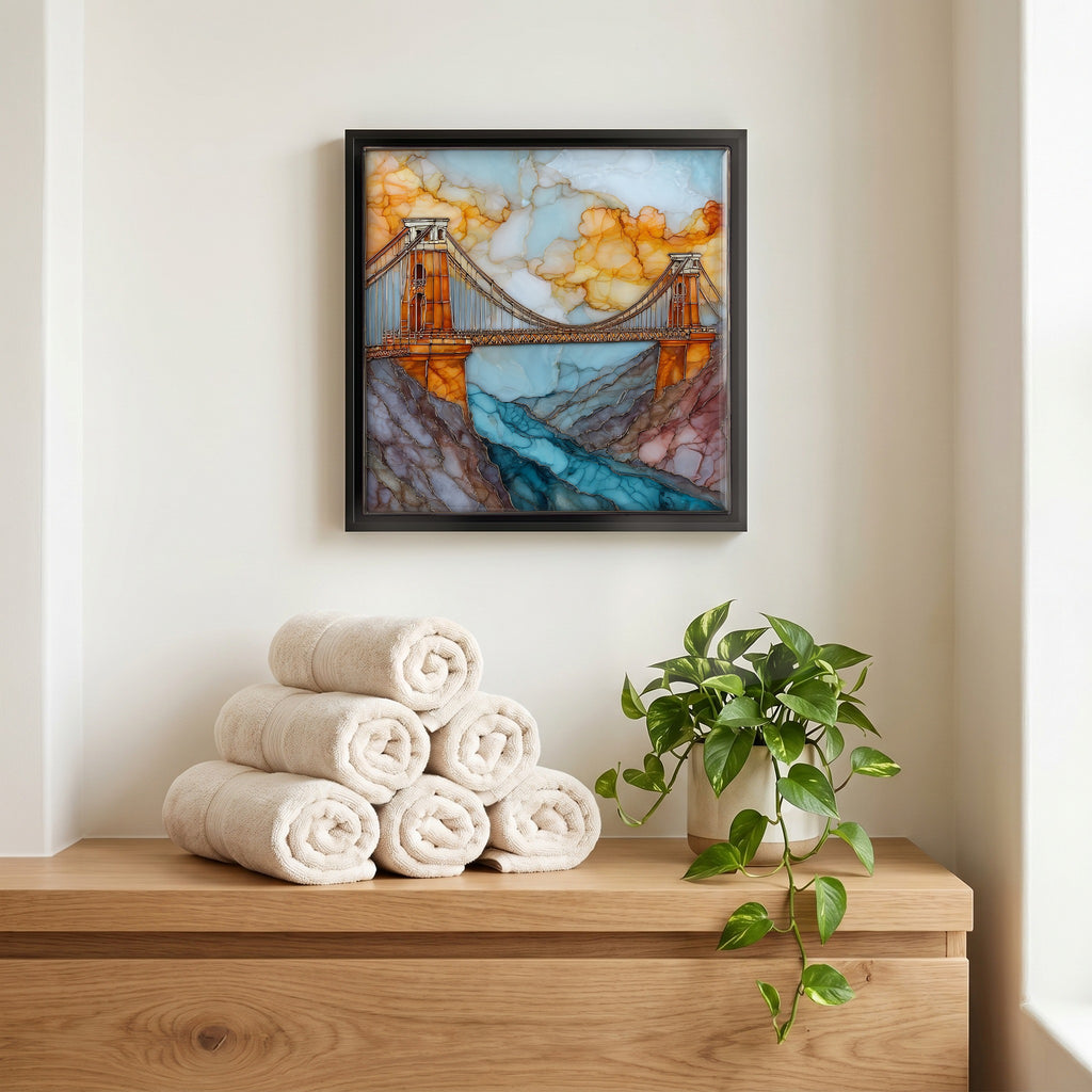 Above the linens, in a slim black surround.