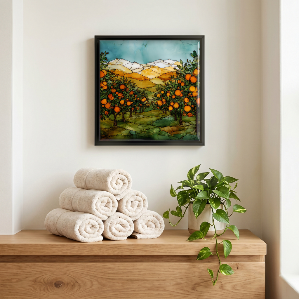 Above the linens, in a slim black surround.