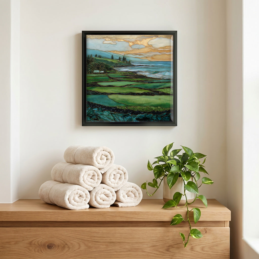 Above the linens, in a slim black surround.