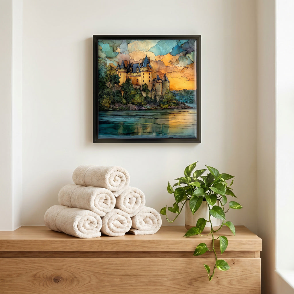 Above the linens, in a slim black surround.