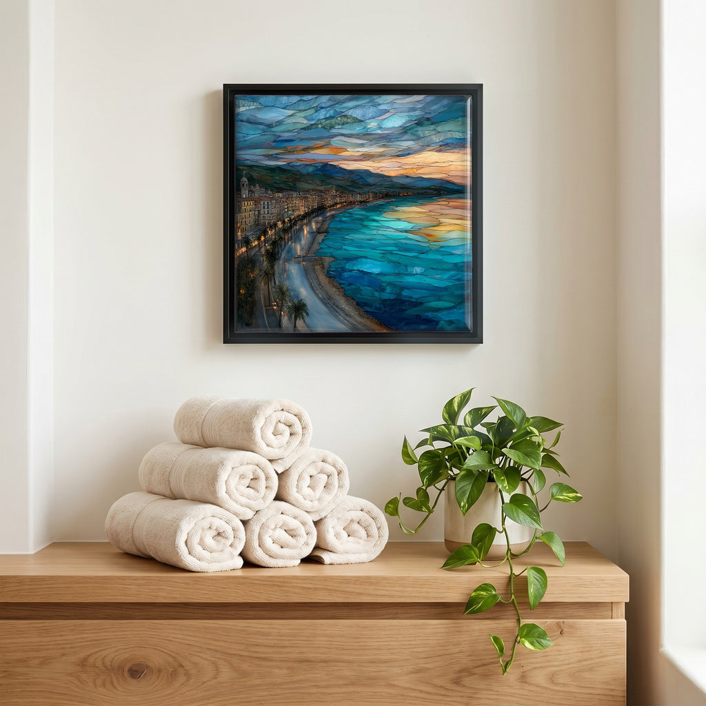 Above the linens, in a slim black surround.
