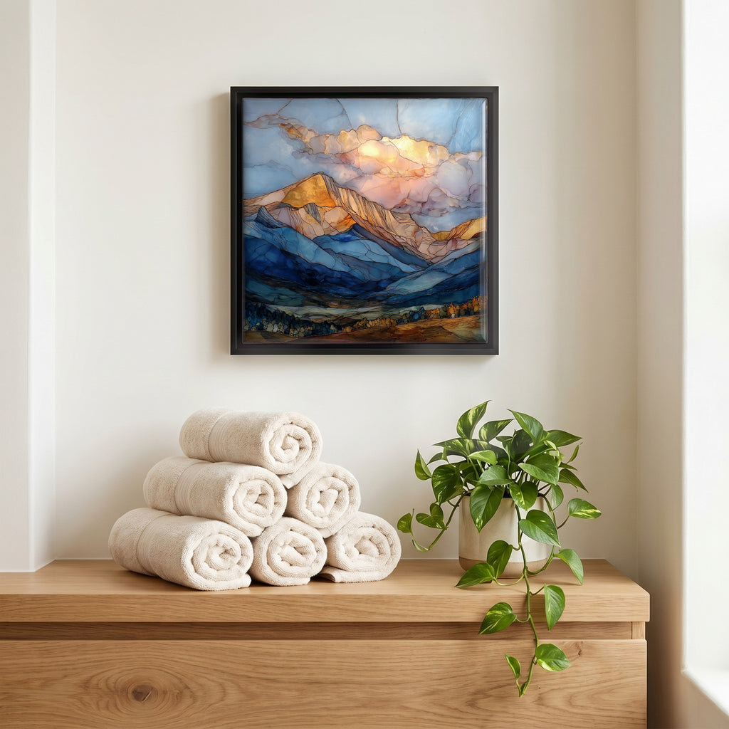 Above the linens, in a slim black surround.