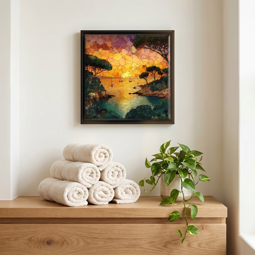 Above the linens, in a slim black surround.