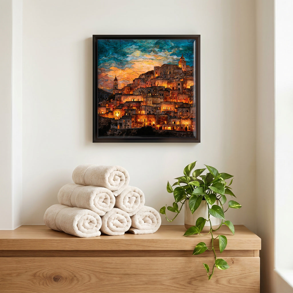 Above the linens, in a slim black surround.
