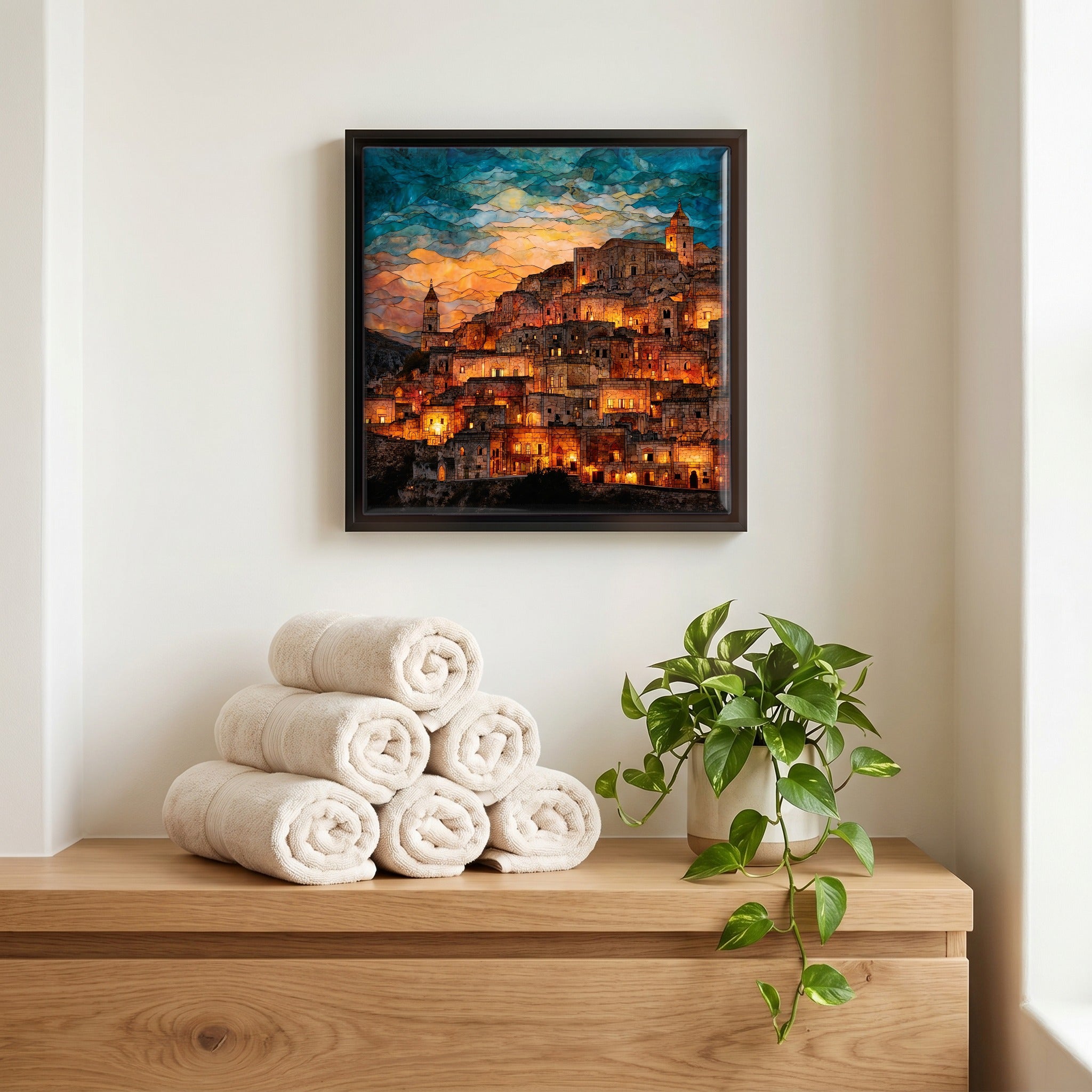Above the linens, in a slim black surround.