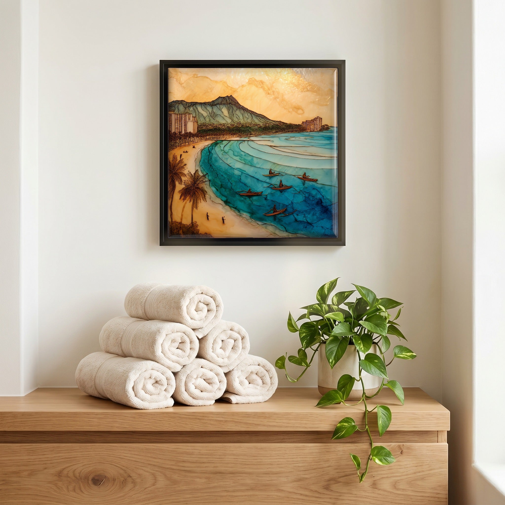 Above the linens, in a slim black surround.