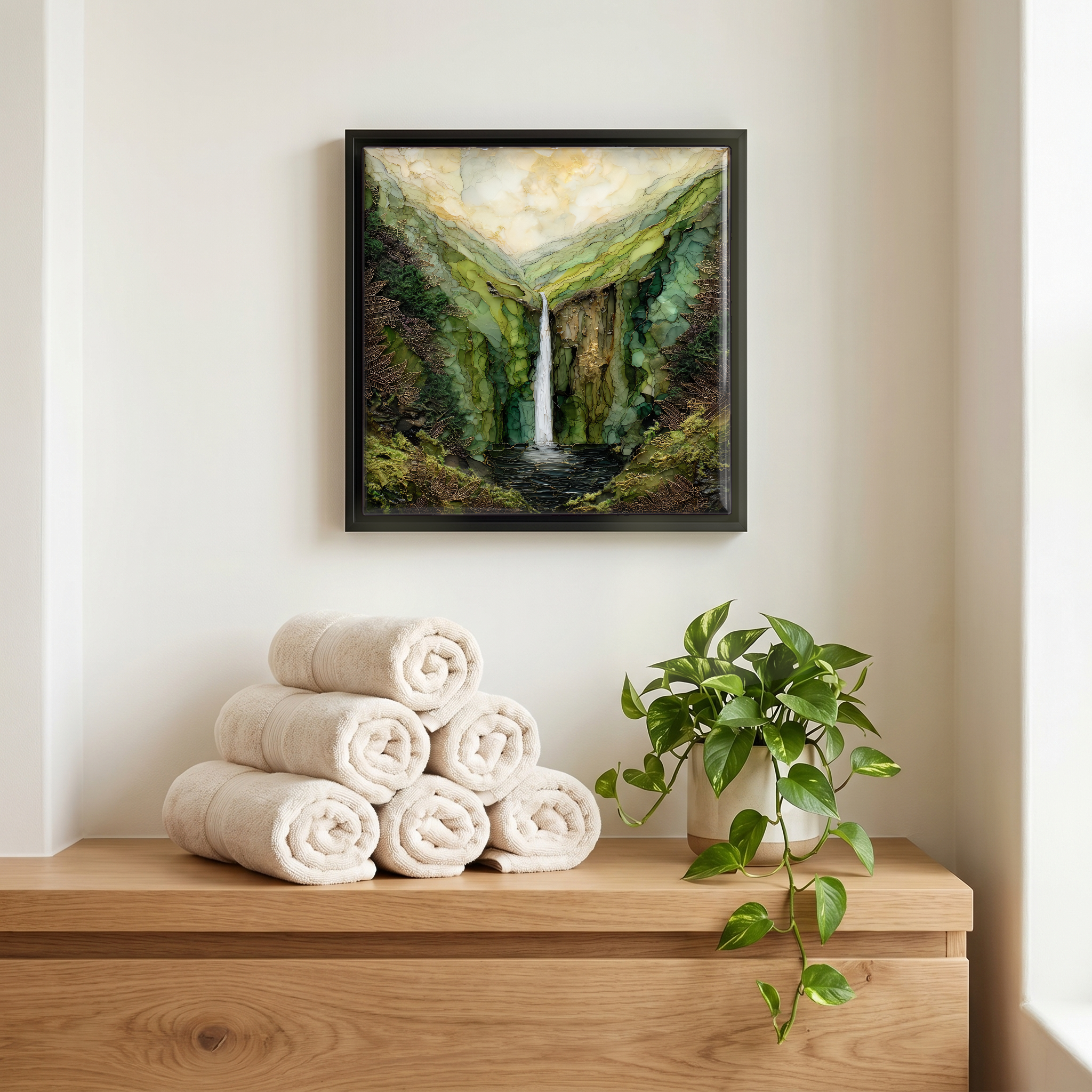 Above the linens, in a slim black surround.