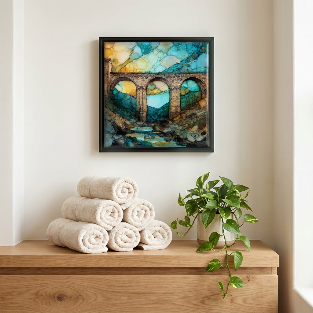 Above the linens, in a slim black surround.