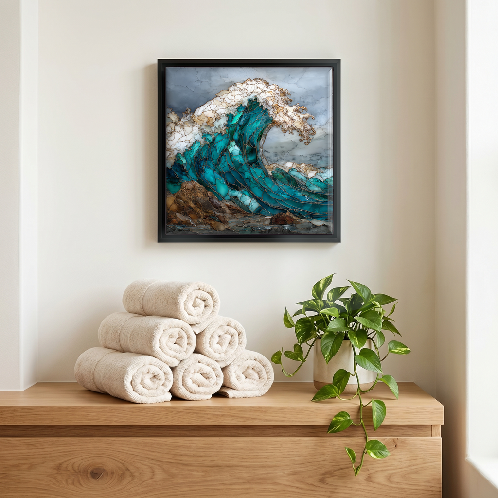Above the linens, in a slim black surround.