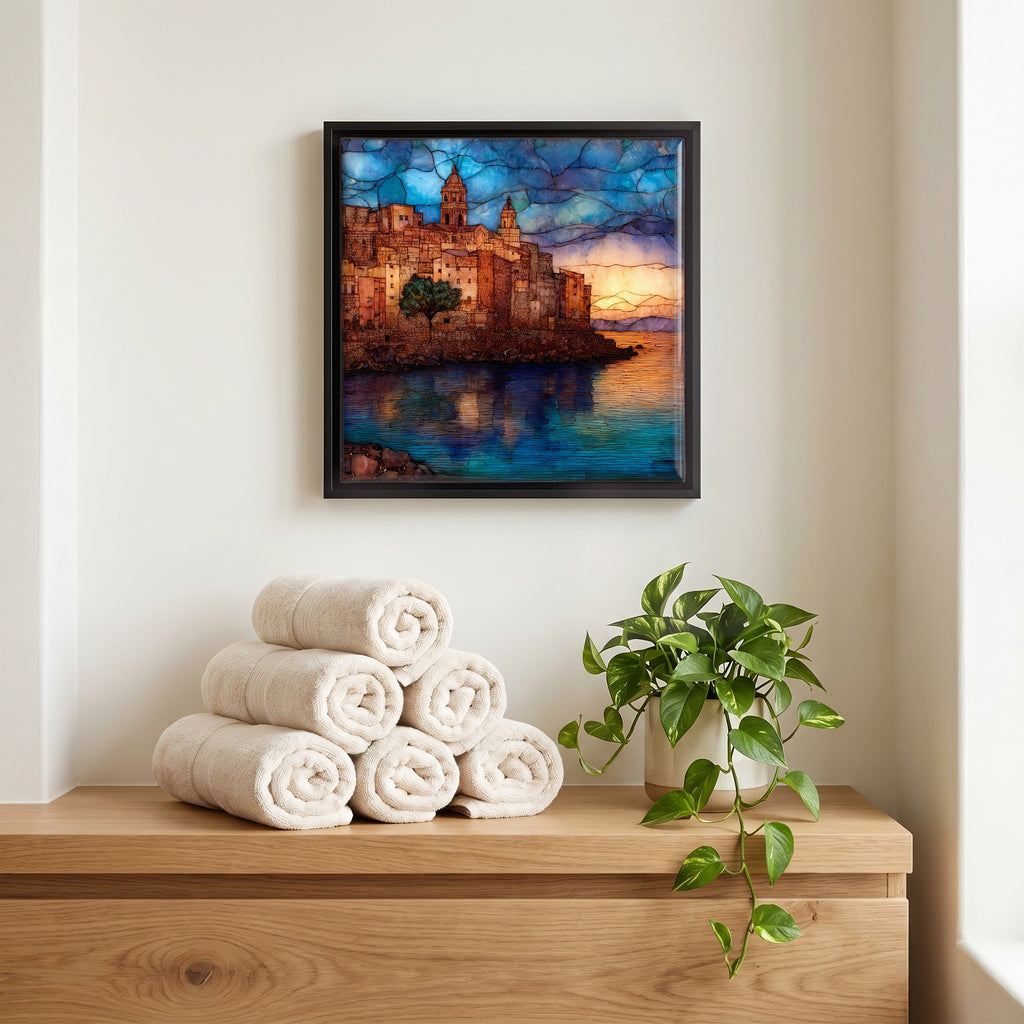 Above the linens, in a slim black surround.