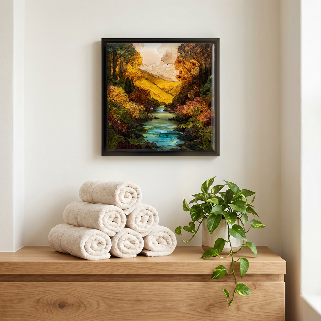 Above the linens, in a slim black surround.