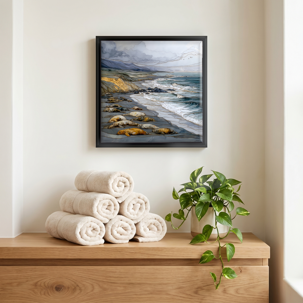Above the linens, in a slim black surround.